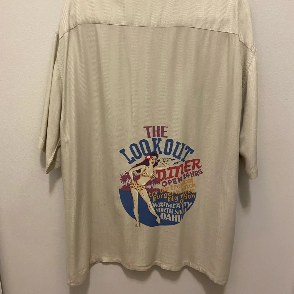 Men’s  CAMPIA XL short sleeve button down shirt in beige with diner logo. - Picture 10 of 12